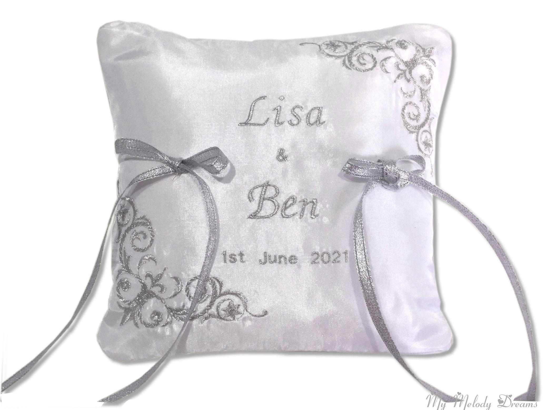 Ring bearer White and silver wedding, Personalized,Wedding ring pillow –  VIZZARA