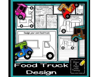 May include: A printable worksheet for designing a food truck. The worksheet includes a blank food truck template, a drawing space for the exterior and interior of the truck, and a space to write about the food truck. The worksheet also includes a variety of food truck designs, including a taco truck, a pizza truck, and a donut truck.
