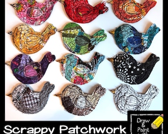 Scrappy Patchwork Bird Fabric Patch Sew-On or Iron-On Option