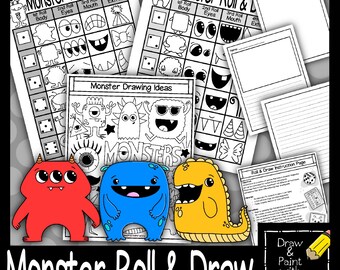 May include: A collection of monster-themed drawing activities. Includes printable sheets with dice roll prompts for body parts, eyes, and mouths, plus drawing idea sheets and instruction pages. Features colorful monster illustrations in red, blue, and yellow.