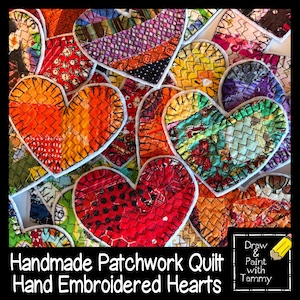 May include: A collection of handmade patchwork quilt hearts in various colors, including red, orange, yellow, and green. Each heart is hand-embroidered with a unique design and outlined with white fabric. The image includes the text "Handmade Patchwork Quilt Hand Embroidered Hearts."