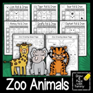 Peut inclure: Un ensemble d'activités imprimables sur le thème des animaux de la ferme, avec des grilles à compléter en dessinant différentes parties d'animaux comme un lion, un tigre, un ours, un singe, une girafe et un éléphant. Les feuilles comprennent également une page avec des idées de dessins pour chaque animal.