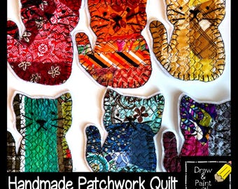 Handmade Patchwork Quilt Cat Applique Iron On or Sew On