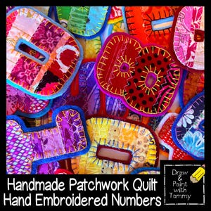 May include: Handmade patchwork quilt featuring hand-embroidered numbers in various colors. The numbers are made from fabric scraps and stitched together with contrasting thread. The image includes the text "Handmade Patchwork Quilt Hand Embroidered Numbers".