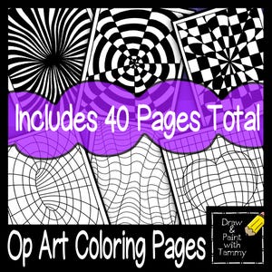 Puede incluir: Páginas para colorear de ilusiones ópticas en blanco y negro. Incluye 40 páginas en total. Páginas para colorear de arte óptico. Dibujar y pintar con Tammy.