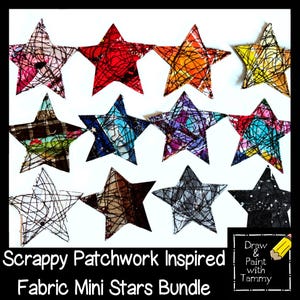 May include: A collection of twelve fabric mini stars in various colors and patterns. Each star is hand-stitched with a scrappy patchwork design. The stars are arranged on a white background. The text "Scrappy Patchwork Inspired Fabric Mini Stars Bundle" is at the bottom.