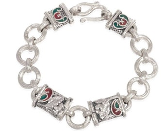 Forget-me-not Flower Heart Padlock Bracelet, 17cm, Rhodium Plated Brass, Enamel, Handmade in London