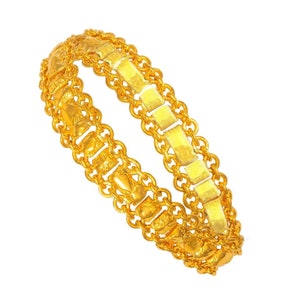 May include: A gold chain bracelet with a double-layered design. The chain is made of interlocking links, with one layer featuring square-shaped links and the other layer featuring round links.