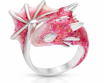 Glamorous Whimsical Pink Dragon Ring - Silver Topaz Dragon Ring- Adjustable Enamel Fantasy Jewelry