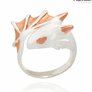 Rose Snow Dragon Ring - Dragon Ring in Rose Gold and Silver Plated Brass - Adjustable Band, Cute and Unique