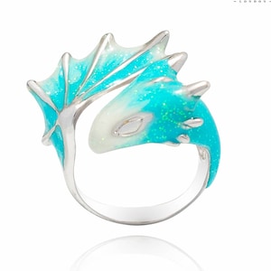 Handmade Silver Turquoise Dragon Ring Adjustable Band Rhodium-Plated Brass Enamel Detail Artisan Jewelry London UK
