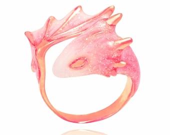 Roségoldener Drachenring mit rosa Emaille: Eleganter, von der Fantasie inspirierter Schmuck für Sie, einzigartiges, verstellbares Ringband