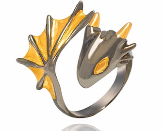 Handcrafted Black Knight Dragon Ring - 24ct Gold & Black Rhodium Plated Brass - Adjustable Size - Handmade in London