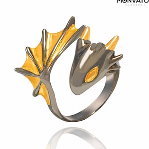 Handcrafted Black Knight Dragon Ring - 24ct Gold & Black Rhodium Plated Brass - Adjustable Size - Handmade in London