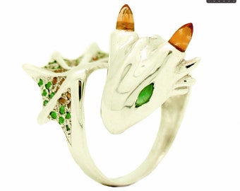Citrine Emerald Dragon Silver Ring