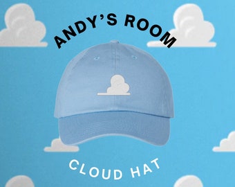 Toy Story Andy's Room Cloud light blue embroidered baseball dad hat. Custom monogramming on the back of the cap is available!