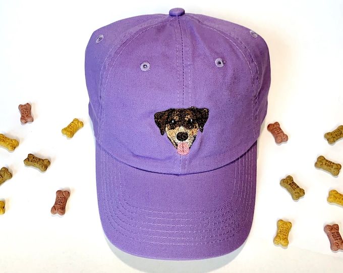 Custom Pet portrait embroidered baseball hat. Drawn art directly a photo of your dog, cat, bird or horse. Adult and Youth Kids size avail.