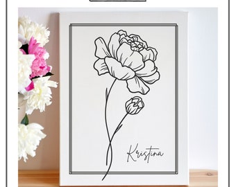 Personalized Birth Month Flower Line Art Canvas Wall Art | Custom Gift for Mom Grandma | Minimalist Floral Line Art | Birthday Gift for Her