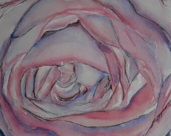 Pink and Blue Rosebud in Watercolor, Fine Art Print