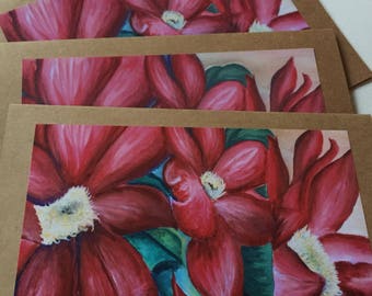 Red Flowers Handmade Craft paper Notecards, set of 4 5x7 inch cards