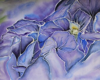 Blue-Violet Hydrangea, Close Up Floral Watercolor Fine Art Print, Available in 8x12 and 12x18 inches