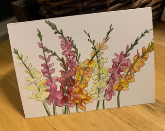 Blank Notecards, 3x5 inches, Watercolor & Ink Snapdragon Print