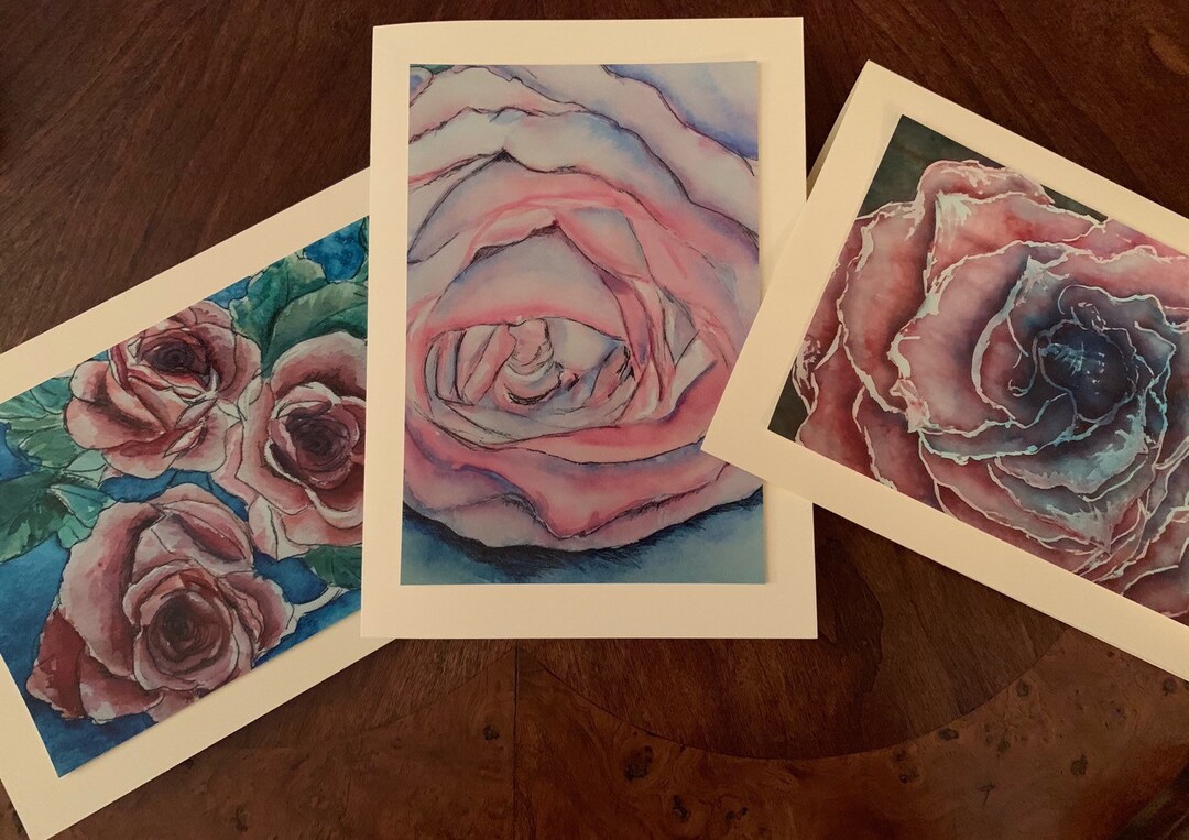 Pink Rose Watercolor Blank Notecards, Set of 3 5x7 Inch Ivory Cards - Etsy