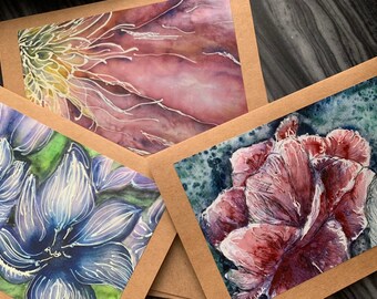Blue/Purple Floral Watercolor Fine Art Notecards- Set of 3, 5x7 inch blank craft paper cards