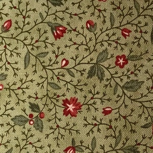 Könnte beinhalten: Nahaufnahme eines Stoffes mit floralem Muster. Das Design zeigt rote Blüten, grüne Blätter und kleine rote Beeren auf hellgrünem Hintergrund. Dunkelbraune Ranken und Zweige verbinden die floralen Elemente.