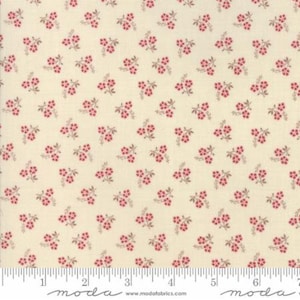 Könnte beinhalten: Ein cremefarbener Stoff mit einem sich wiederholenden Muster aus kleinen roten Blüten mit braunen Stielen. Der Stoff hat eine subtile Textur und ist perfekt zum Quilten, Nähen und Basteln.