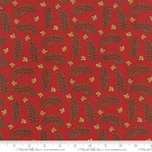 Könnte beinhalten: Roter Stoff mit einem sich wiederholenden Muster aus braunen, blattreichen Zweigen und kleinen goldenen Blüten.