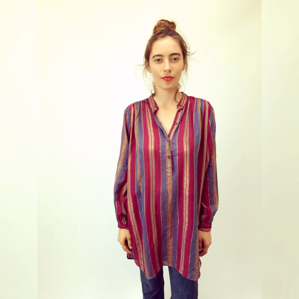 Indian Side Street Blouse // vintage 70s 1970s striped gauze tunic boho hippie hipster dress top hippy 1970s purple gold metallic // O/S