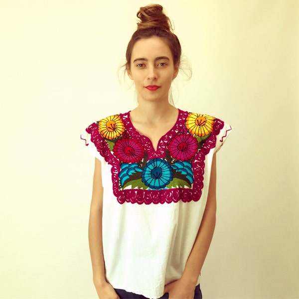 Frida Blouse // vintage tunic boho hippie sun bohemian ethnic Mexican embroidered dress hippy floral cotton white red // O/S