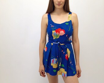 Pacific Playsuit // vintage 60s swimsuit jumper romper floral sunsuit bathing suit one piece swim suit cotton dress boho 70s 50s // S Small