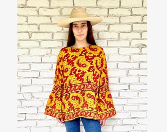 Indian Hand Blocked Tunic // vintage 70s mini dress blouse boho hippie hippy 1970s cotton India sun // O/S