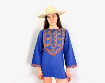 Indian Ocean Tunic // vintage 70s embroidered dress blouse boho hippie hippy 1970s woven cotton mini blue // S Small