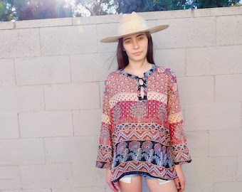 Boho Top Festival Blouse 70s Hippie Shirt Boho Cotton Gauze Bohemian 1970s Long Sleeve Medium Sheer White Tunic Top