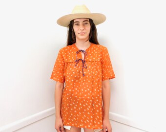 Indian Gauze Blouse // vintage 70s boho cotton dress India gauze hippie orange 1970s hippy 1970s 70's 1970's // S/M