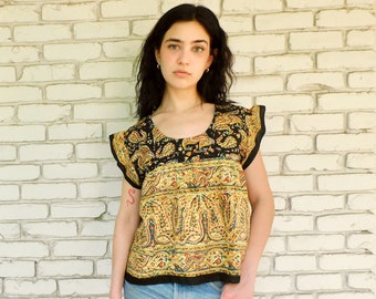 Indian Floral Blouse // vintage 70s boho cropped crop top dress hippie black yellow 70's 1970's 1970s Indian hippy // S/M