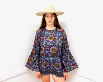 Indian Hand Blocked Tunic // vintage 70s mini dress blouse boho hippie hippy 1970s cotton India // O/S
