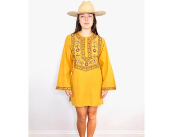 Indian Hand Embroidered Mini Dress // vintage 70s gold tunic blouse boho hippie hippy 1970s woven cotton yellow 70's 1970's // S Small
