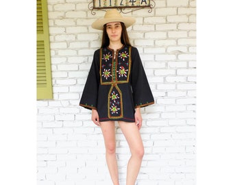 Indian Hand Embroidered Tunic // vintage 70s embroidered black dress blouse boho hippie hippy 1970s woven cotton mini // S/M