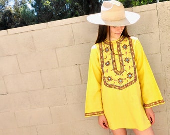 Indian Hand Embroidered Tunic // vintage 70s yellow dress blouse boho hippie hippy 1970s woven cotton mini // O/S