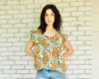 Indian Floral Blouse // vintage 70s boho cropped crop top dress hippie yellow 70's 1970's 1970s Indian hippy // S/M