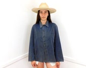 Chore Coat vintage 70s hippy jean jacket boho hippie distressed blouse shirt dress 1970s cotton blue denim work painters O S