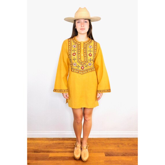 Indian Hand Embroidered Mini Dress // vintage 70s gold tunic blouse boho hippie hippy 1970s woven cotton yellow 70's 1970's // S Small