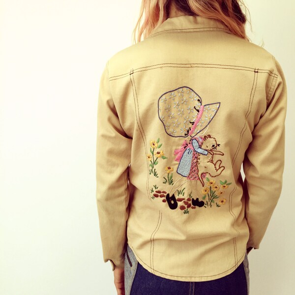 Huckleberry Jacket // vintage 70s denim 1970s boho western country cotton hippie hipster bohemian embroidered dress cat brown blouse // S/M