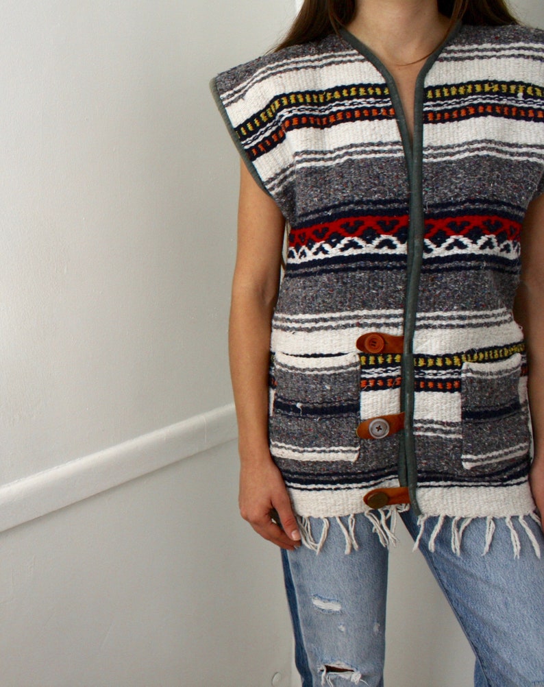 Baja Vest vintage 70s woven Mexican blouse serape boho hippie knit blanket cotton hippy dress SM