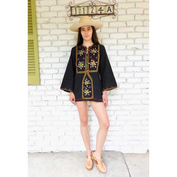 Indian Hand Embroidered Tunic // vintage 70s embroidered black dress blouse boho hippie hippy 1970s woven cotton mini // S/M