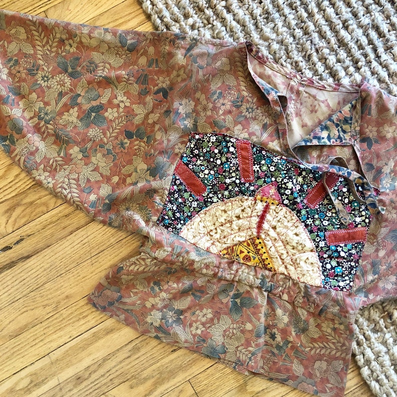 Emma Blouse vintage high waist boho hippie embroidered 60s 1960s 70s 1970s quilted dress hippy floral cotton brown SM
